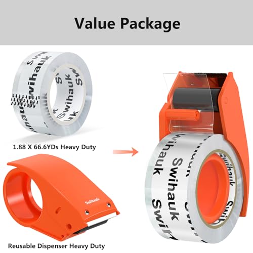 Swihauk 1.88 in x 66.6 YDs Heavy Duty Packing Tape with Dispenser, Strong & Durable Shipping Tape, Packaging Tape, Clear Package Tape for Shipping Moving Storage and Mailing, 1 Roll + 1 Dispenser - size: 1 Roll + 1 Dispenser