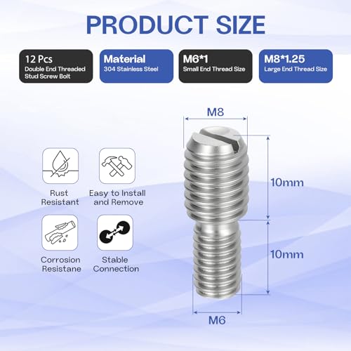 M6x10mm to M8x10mm Double End Threaded Stud Screw Reducing Bolt,304 Stainless Steel Thread Reducer Adapter for Furniture Fastener Welding, Hardware Connectors 12 Pack - size: M6x10mm to M8x10mm