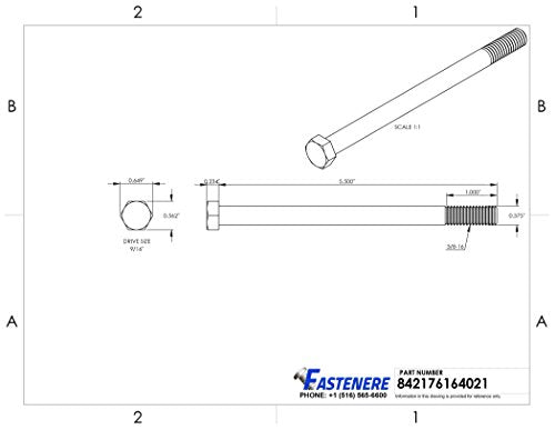 3/8-16 x 5-1/2" Hex Head Cap Screw Bolts, External Hex Drive, Stainless Steel 304, Partially Threaded, Stainless Steel, Quantity 5 By Fastenere - size: 3/8-16 x 5-1/2 Inch (5 Pack)