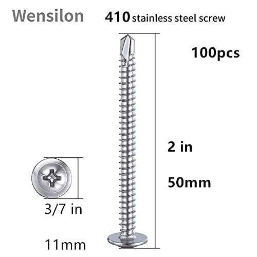 Wensilon(100pcs)#8×2”for Sheet Metal Self-Tapping Screws 410 Stainless Steel Truss Head High-Strength Quick Tapping Screws - color: Silver, size: #8X2"