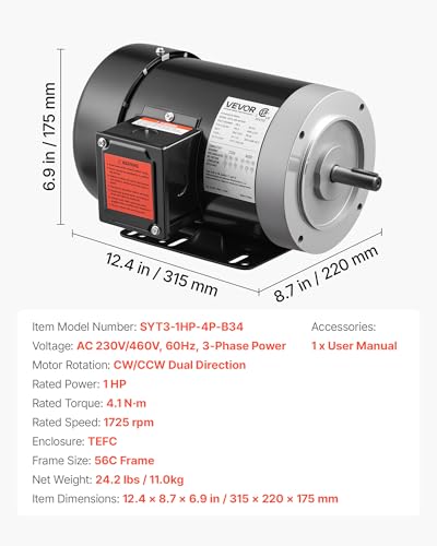 VEVOR 1 HP Electric Motor, 1725RPM Air Compressor Motor, CW/CCW Rotation, 5/8 inch Shaft Diameter, 1.88inch Shaft Length, 4.1N.m Torque, Three-Phase, TEFC Cooling, 230V/460V, 56C Frame - size: 1 HP Three Phase-1.88 in Shaft Length