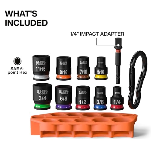 Klein Tools 33809 Grab-And-Go Impact Socket Set, SAE, 10-Piece Set with Sleeve, Carabiner, and 3/8-Inch Drive, Color-Coded 1/4, 5/16, 3/8, 7/16, 1/2, 9/16, 5/8, 11/16, and 3/4-Inch Sockets - style: 10-Piece SAE