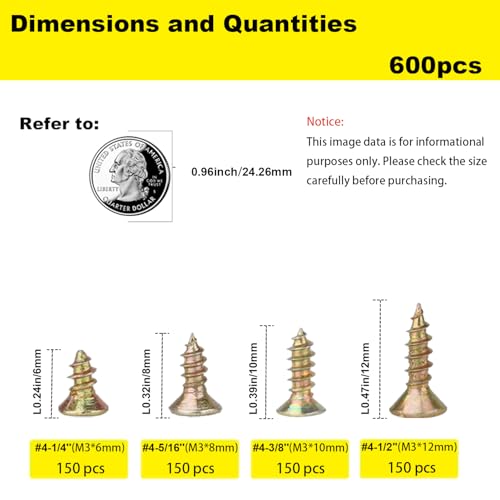 #4 Flat Head Wood Screws Assortment Kit 600Pcs, Yellow Zinc - color: Yellow, size: #4-600pcs