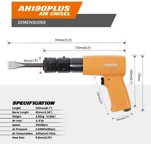 UW-AH190Plus Medium Barrel Air Hammer Kit with Quick Change Retainer and 4 Chisels, 2-5/8 Inch Stroke, 3500 BPM, Light weight (AH190P - Middle Barrel) - style: UW-AH190P Medium Barrel