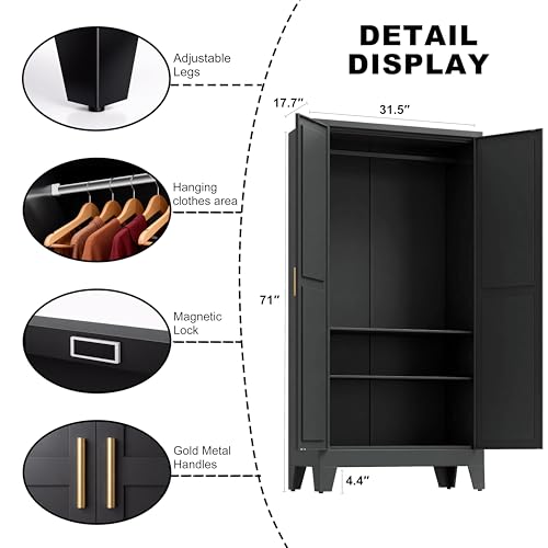 71" H Black Pantry Cabinet,Metal Storage Cabinets with Doors and Shelves,Tall Food Kitchen Cabinets,Farmhouse Kitchen Cabinet,Freestanding Cabinet - color: Black, size: 71"H-D