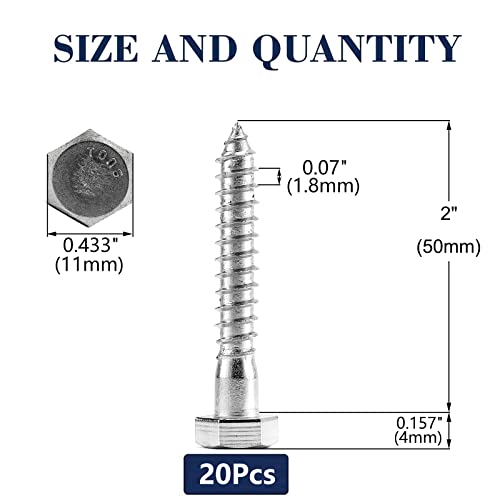 1/4" x 2" Hex Head Lag Screws Bolts 20Pcs 304 Stainless Steel 18-8, Partial Thread, Hexagon Head Wood Screws by SG TZH - size: 1/4-20 x 2"