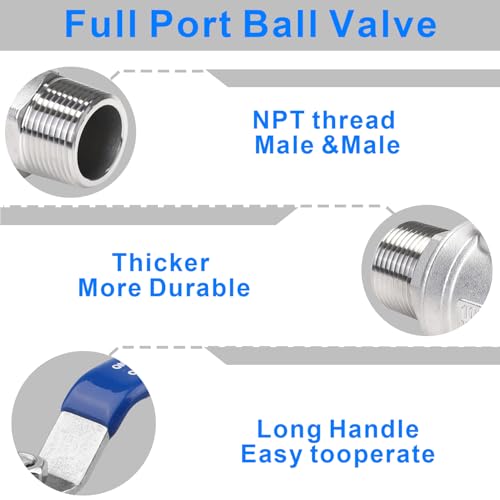 DERNORD Full Port Ball Valve 1/2 Inch - Male x Male Stainless Steel 304 Heavy Duty for Water, Oil, and Gas,1000WOG (1/2 Inch NPT) - size: 1/2 Inch NPT