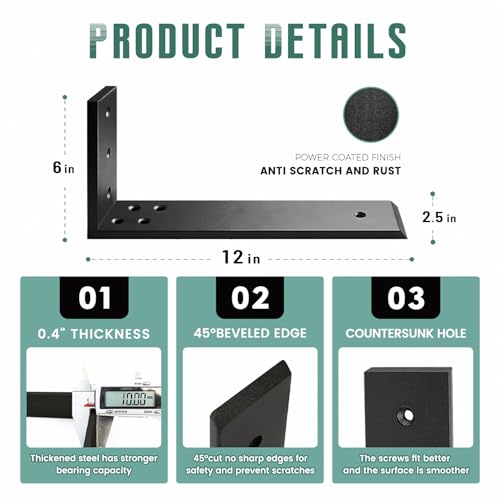 Countertop Support Brackets 4 Pack L Bracket Countertop Brackets 12" x 6" x 2.5" Heavy Duty 3/8" Thick Shelf Brackets Metal Corbels L Shape Bracket for Wood Shelf/Quartz/Granite/Concret Countertops - size: 12 Inch, style: Black-4 Pack