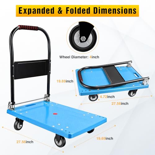 Platform Cart 330 lbs Heavy Duty Push Cart Dolly with 4-Inch TPR Wheels 27.6 x 19.7 Inch PP Deck Flatbed Cart Platform Truck for Home Garage Warehouse Use Black - color: 330 Lbs|blue|28x20 Inch