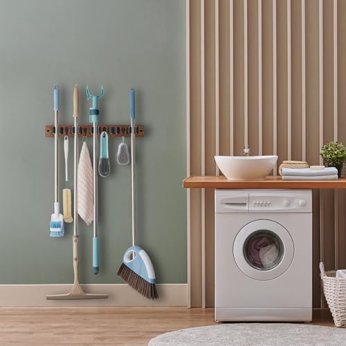 OUTNILI Mop and Broom Holder Wall Mount - Wood Broom Mop Hanger - Wall Mounted Garden Tool Rack Organizer for Closet Garage Laundry Room for Rustic Kitchen Decor With 5 Slots & 4 Hooks - color: Brown-5 Grips, size: 1 Pack