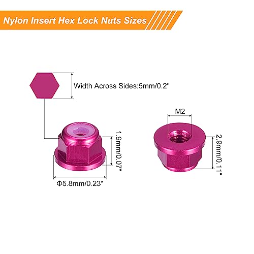 uxcell Nylon Insert Hex Lock Nuts, 10pcs - M2 x 0.4mm Aluminum Alloy Self-Locking Nut, Anodizing Flange Lock Nut for Fasteners (Pink) - size: M2 x 0.4mm