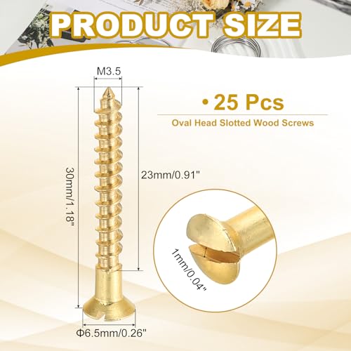 PATIKIL M3.5 x 30mm Slotted Wood Screw, 25 Pack Solid Brass Oval Head - size: M3.5x30mm