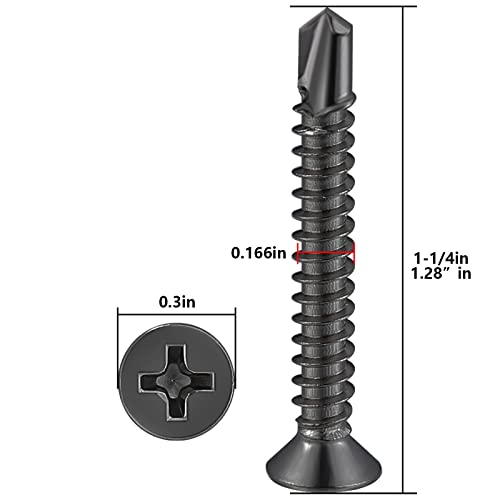 Wensilon(250pcs)#8×1-1/4”for Sheet Metal Self-Tapping Screws 410 Black Stainless Steel Flat Head High-Strength Quick self-Drilling Screws - color: Black, size: #8X1-1/4"