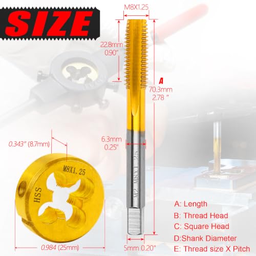 M8x1.25 Metric Tap and Die Set for Metal,M2 HSS Thread Tap & Round Die - size: M8x1.25