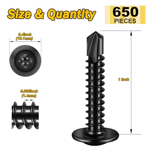 Mywish (650Pcs) #8×1" Black Self Tapping Screws for Metal, 410 Black Metal Screws Oxide Stainless Steel Truss Head Self Drilling Screws High-Strength - color: Black, size: #8x1" (650 pcs)