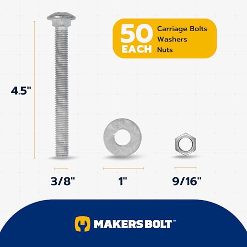 3/8" x 4-1/2" (50 Pack) Galvanized Carriage Bolt Kit, Grade 307A, Hot Dip Galvanized for Exterior Use by Makers Bolt - size: 3/8 x 4-1/2