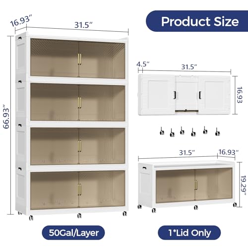 200GAL Extra Large Storage Bins with Lid, 800QT Collapsible Organizer with Wheels, Stackable Closet Cabinet with Doors, Folding Storage Containers for Home, Office, Kitchen, 4Pack White - color: White Brown, size: 50Gal-4Pack