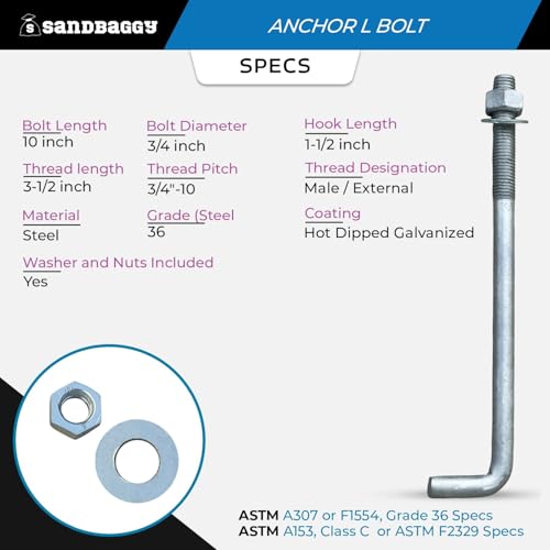 Sandbaggy 3/4" x 10" Threaded Concrete Anchor L-Bolts (Nuts & Washers Included) - Hot Dipped Galvanized - Sill Plate, Base Plate, Masonry, Wood, Cement Anchors, J Bolt (1, 3/4" x 10") - size: 3/4" x 10"