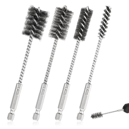 4 Pcs Stainless Steel Wire Brushes for Drill Stainless Steel Bore Brush Set 3/8'' 1/2'' 3/4'' 7/8'' Bristles Wire Brush with Hex Shank Handle for Drill Ports Tubes Bearings Cleaning Parts