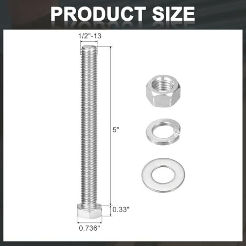 uxcell 20Set Hex Head Screw Bolt, 1/2-13 x 5 304 Stainless Steel Fully Threaded Screw Bolt with Nuts, Flat & Lock Washers, Silver - size: 1/2-13 x 5"