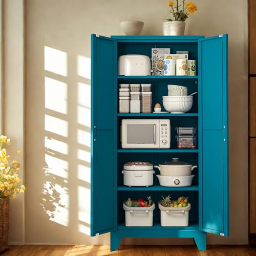 Tall Kitchen Pantry Storage Cabinet,Metal Blue Cabinets With Doors and Adjustable Shelves,Garage Storage Cabinets,Large Steel Shop Cabinet With Lock,Lockable Tool Cupboard For Living Room (Blue) - color: Blue, size: 71"H-A