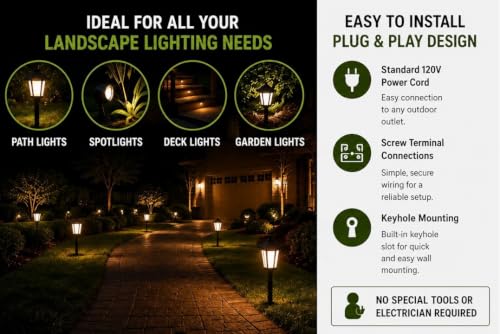 150W Watt AC to 12V Volt LED & Halogen -120V Volt Low Voltage Landscape Lighting Indoor/Outdoor Weatherproof Transformer Electric Power Pack with Photocell Sensor - Black Case