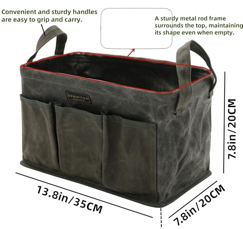 Tool Bag for Organizing, Waxed Canvas Wide Open Top Tool Tote Bag with 6 External Pockets, 13.8 x 7.8 x 7.8 Inches (ArmyGreen) - color: ArmyGreen-Single