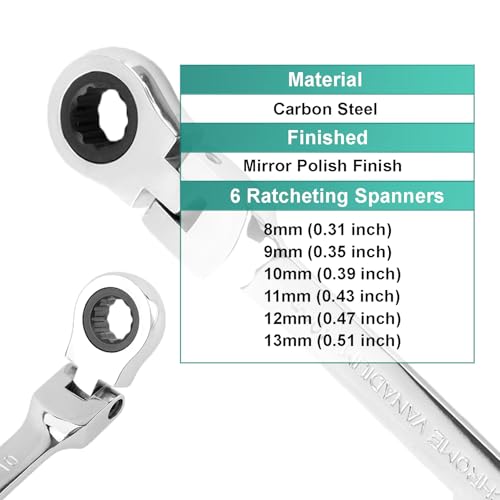 6 Pack Flex Head Ratcheting Wrench Set, 8-13 mm Ratcheting Combination Wrench, Metric Ratcheting Combination Chrome Vanadium, Box End and Open End Wrench 180° Head 72-Tooth