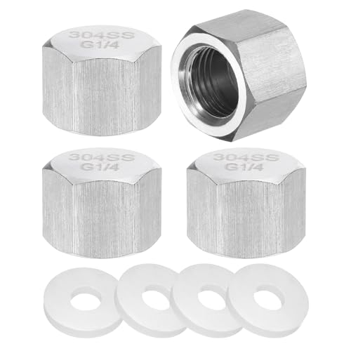 uxcell 4pcs Hex End Cap 304 Stainless Steel Nut with Washer, G1/4" Female Thread Pipe Fitting, Gas Line Water Line Stop Valve Cap Tubing Ends for Plumbing Fittings, Silver Tone - size: G1/4"