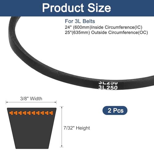 uxcell 2Pcs 3L250 Classic Wrapped Rubber V-Belt, 25"(635mm) Outside Circumference, 3L Profile V Belt 3/8" Width 7/32" Height - size: 3L250