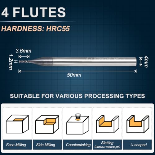 1.2mm Carbide End Mill, 3.6mm Cut L, 50mm L, 4mm Shank, Black - color: Black, size: 1.2mm Dia,3.6mm CL,50mm L,4mm Shank
