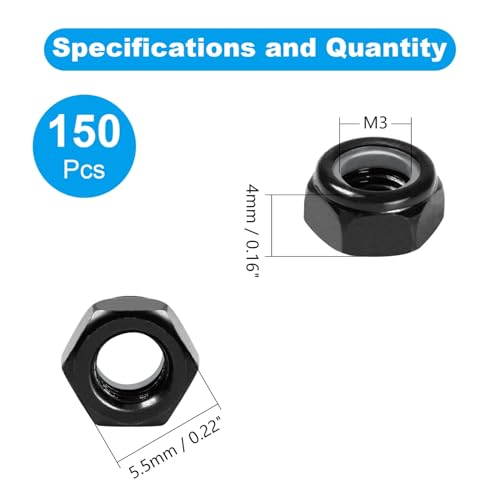 150Pcs M3 x 0.5mm Nylon Insert Hex Lock Nuts Locknuts - size: M3; 150pcs