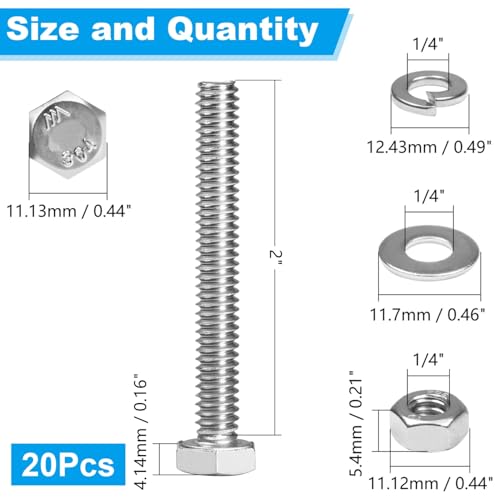 20 Sets 1/4-20 x 2 Hex Head Screw Bolt,Nuts,Flat & Lock Washers - size: 1/4"-20 x 2"