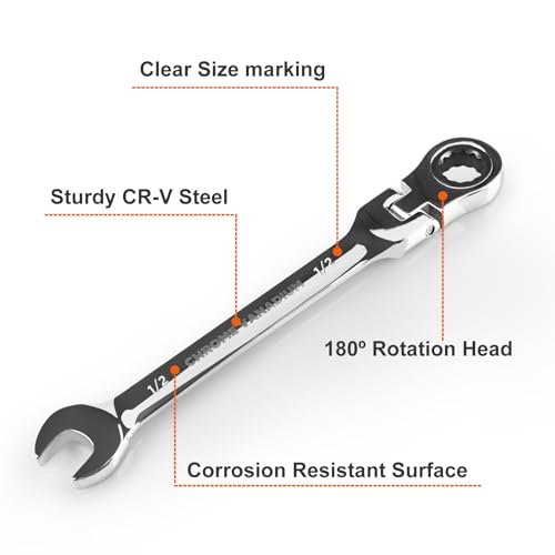 Egofine 1/2 Inch Ratchet Wrench Flex Head, Ratcheting Combination Wrench SAE, Industrial Grade Gear Spanner with 12 Point Box End, 72-Teeth Ratchet, Chrome Vanadium Steel - style: 1/2"