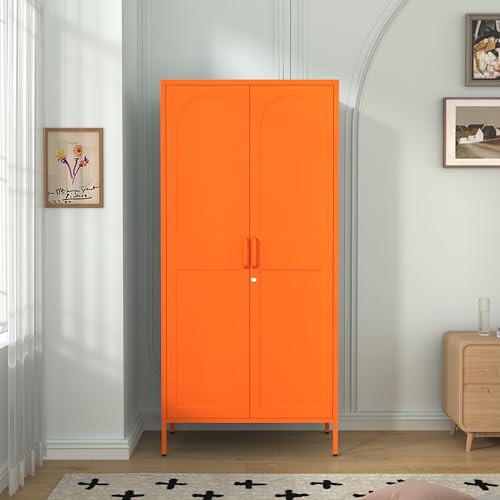 Orange Lockable Armoire Wardrobe Closet Storage Cabinet with Hanging Rod, 67" Metal Wardrobe Cabinet with 2 Doors and 3 Adjustable Shelves for Bedroom, Laundry Room, Cloak Room, Gym, Office - color: Sunlight, style: Wardrobe-67"H-YX