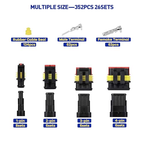 Boatsea 26 Kits Automotive Electrical Connectors, 1/2/3/4 Pin Weather Pack Connectors, 16-22 AWG Wires, Ratchet Crimping Tool, Copper, Plastic, Silicone, -40 to 125 C - size: 1/2/3/4Pin 26Kits with Crimper