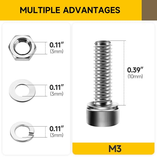 Mywish (100Sets) M3 Bolts, M3 x 10mm Socket Head Cap Screws Bolts, 304 Stainless Steel Allen Socket Hex Drive Screws, Bright Finish Kit with Nuts and Washers & Hex Spanner - size: M3 x 10mm
