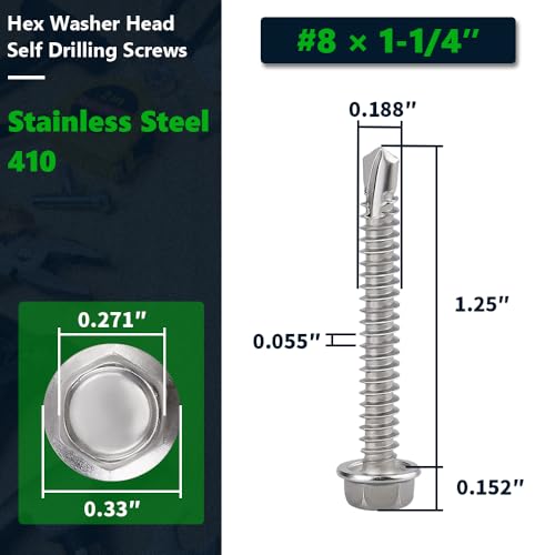 #8 x 1-1/4" Flanged Hex Head Self Drilling Screws for Sheet Metal (50 pcs), Corrosion Resistant 410 Stainless Steel, No Pre-Drilling, Flange Hex Drive Self Tapping Screw - size: #8 x 1-1/4"