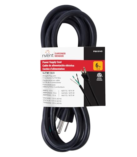nVent GARDNER BENDER PS615143 6 ft Replacement Appliance Power Cord 14/3 AWG Heavy-Duty SJTW Cable with Grounded NEMA 5-15 Plug 15A 125V 1875W Power Tool & Appliance Cord (Formerly: Bergen Industries) - size: 6 ft, style: 14 AWG