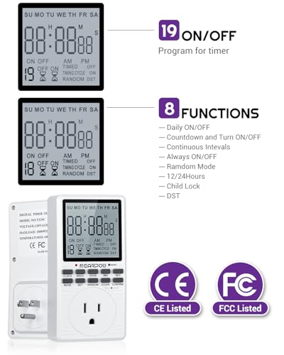 Outlet Timer, NEARPOW Multifunctional Programmable Timer with Countdown and 7-Day Digital Infinite Repeat Cycle Intermittent, 19 ON/Off Programs for Electrical Outlets, 3 Prong, 15A/1800W
