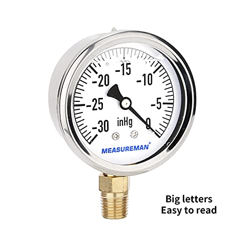 MEASUREMAN 2-1/2inch Dial Size, Glycerin Filled Plumbing Pressure Gauge, 30inHg-0, Stainless Steel Case, 1/4inchNPT Lower Mount - size: 30inHg-0, style: Lower Mount