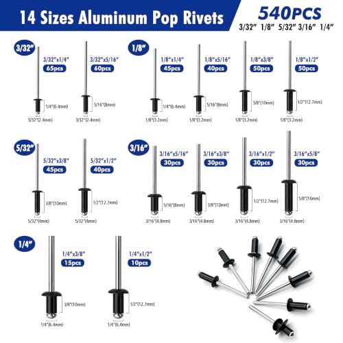 J&L HomeHive 1080 Pcs Black Aluminum Pop Rivets Assortment Kit with Washers, 14 Sizes Rivets for Metal, 3/32",1/8",5/32",3/16",1/4", 5 Sizes 304 Stainless Steel Washers - color: Black, size: 1080Pcs 3/32" 1/8" 5/32" 3/16" 1/4"