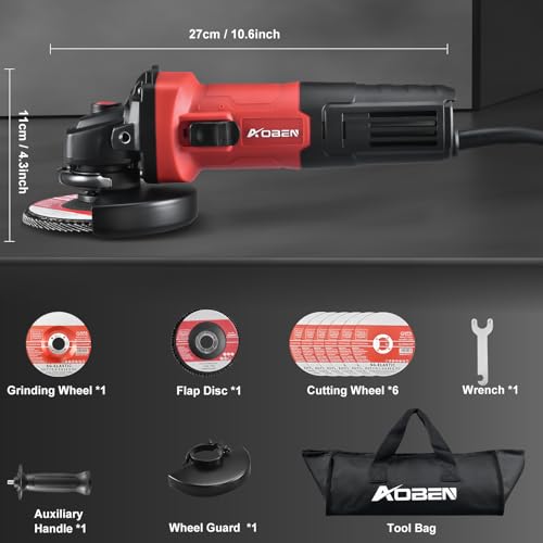AOBEN 900W Angle Grinder 4-1/2 inch | 7.5Amp, 11000 RPM Corded Electric Grinder Tool, with Slide Switch, Safety Guard & Hand | for DIY Projects, Metal Cutting & Grinding