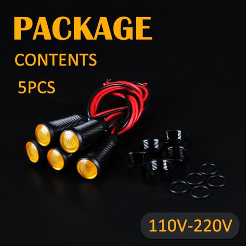 5pcs 10mm LED Indicator Light Plastic Black Signal Dot Lamp 110-220VAC 2/5" Mounting Hole Size with 15cm/5.9in. Wire (Yellow LED) - color: Yellow, size: 10mm 110-220V