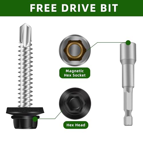 Mellewell #10 x 2 Self Drilling Metal Roofing Screws, Black Hex Head Sheet Metal Roof Screws with EPDM Washer, Hex Socket Included, 100 PCS - color: Black, size: #10 x 2"