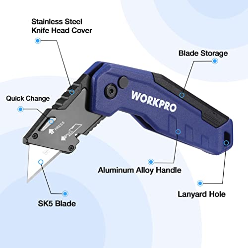 WORKPRO Folding Utility Knife, Quick Change Box Cutter, Blue (Pack of 2) - color: Blue, size: 4.5 inches (Pack of 2)