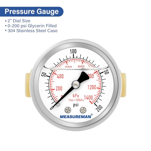 MEASUREMAN Push to Connect Pressure Gauge 0-200Psi Stainless Steel Vibration Proof, 2" Dial Size, with 1/2 Inch Push Fit Plumbing Tee - size: 1/2 Inch Push Fit Plumbing Tee