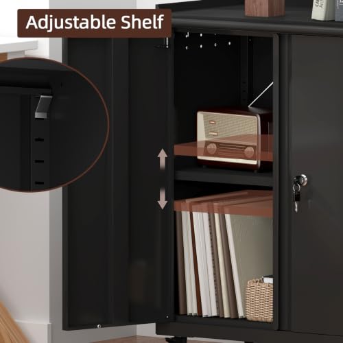 Garage Storage Cabinet with Wheels, Black Storage Cabinet with Adjustable Shelves, Rolling Cabinet with Dual-Side Pegboard, Tool Cabinets for Garage, Basement, Home Office - color: 32"h - Black