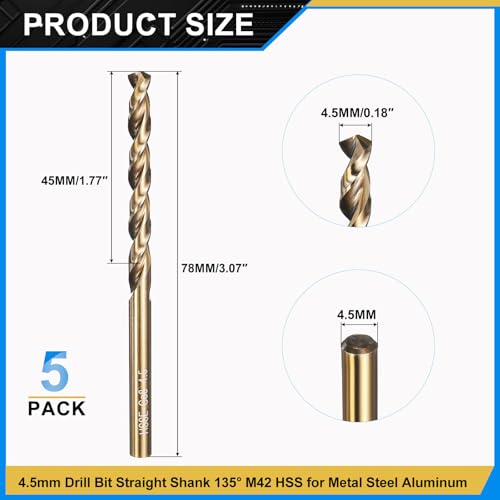 PATIKIL 4.5mm Drill Bit M42 8% Cobalt HSS 135° Gold Finish 5Pcs - size: 4.5mm
