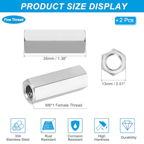 PATIKIL M8x1 Pitch 304 Stainless Steel Hex Coupling Nuts, 2 Pcs 35mm / 1.38" Length Fully Threaded Rod Coupling Nut Studding Connector Fasteners, Silver Tone - size: M8-1 x 35mm